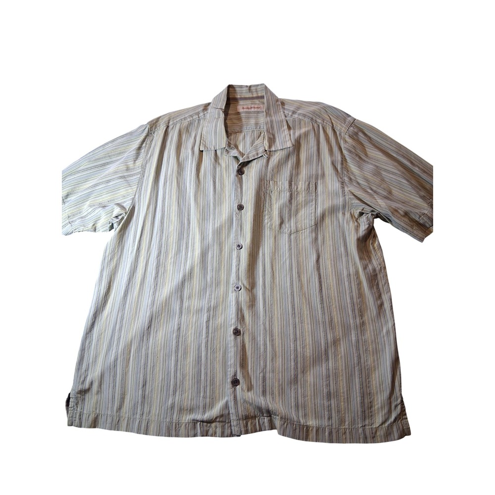 Tommy Bahama Mens XL Silk Striped Short Sleeve Camp Shirt Green Tan Button Down